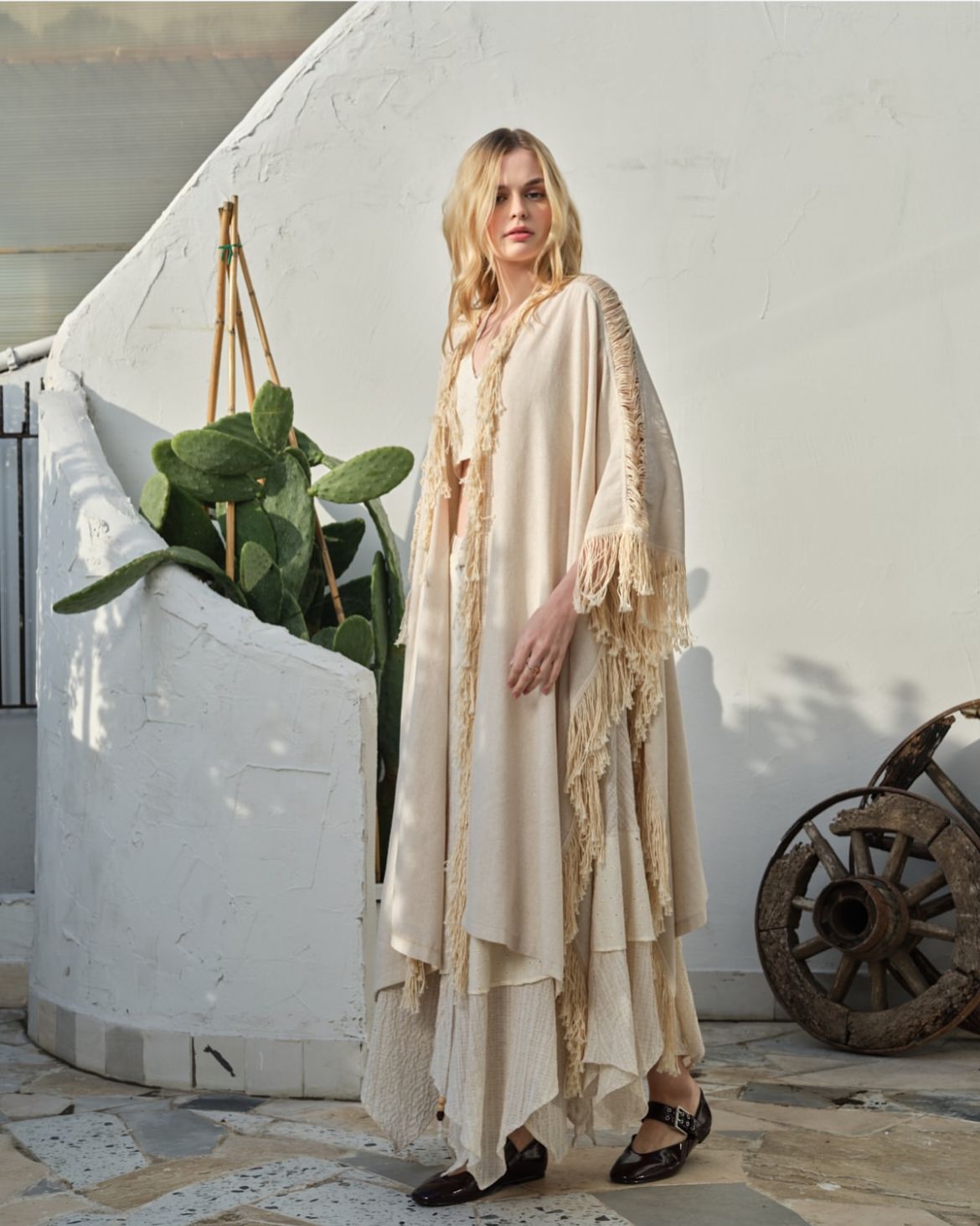 Long Cardigan Fringes Beige
