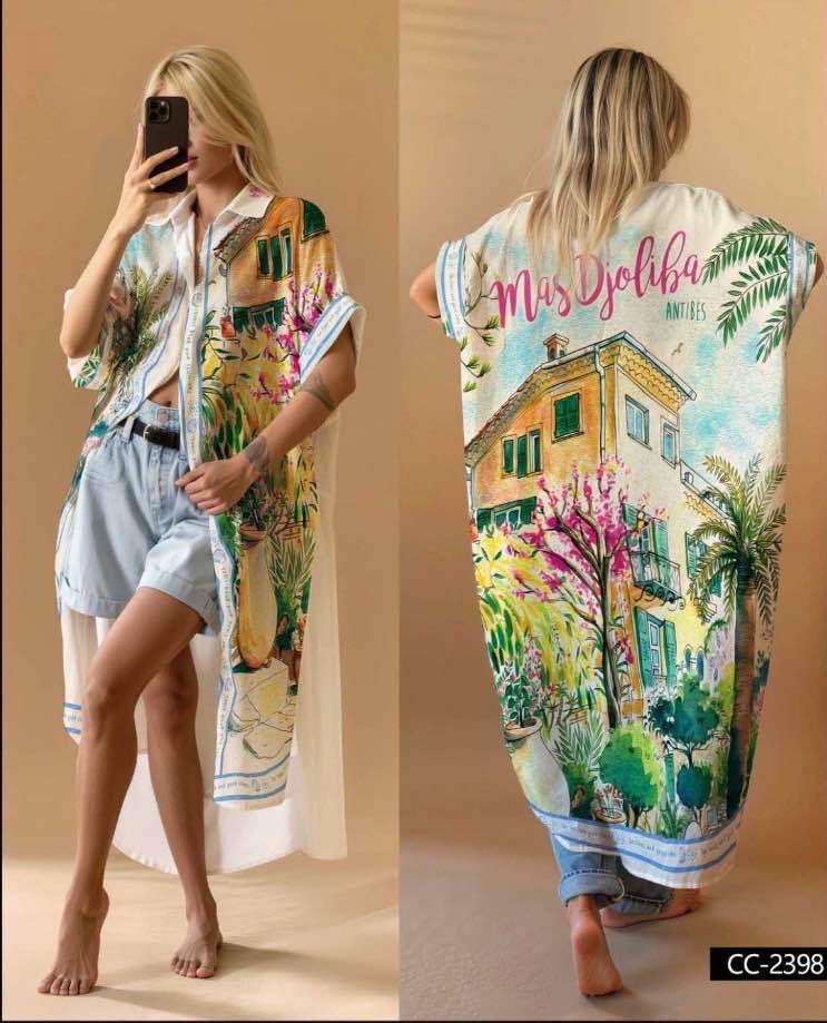 Colorful long print shirt linen * cotton pattern 1