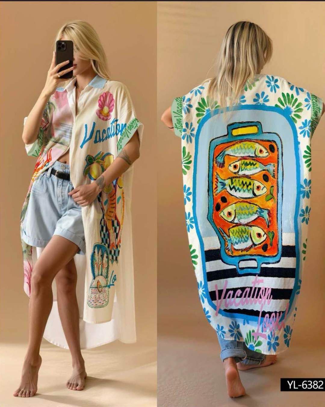 Colorful long print shirt linen * cotton pattern 2