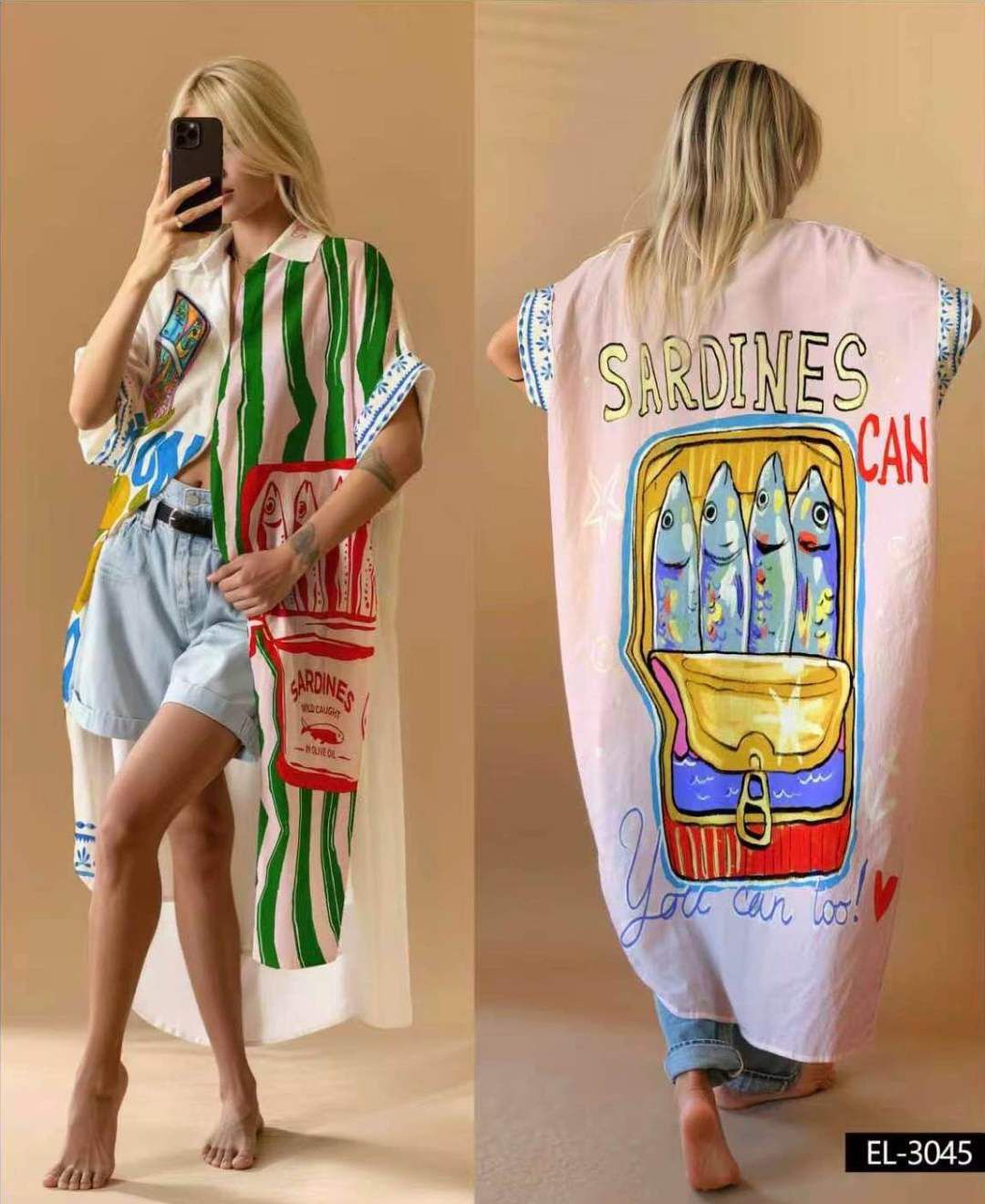 Colorful long print shirt linen * cotton pattern 3