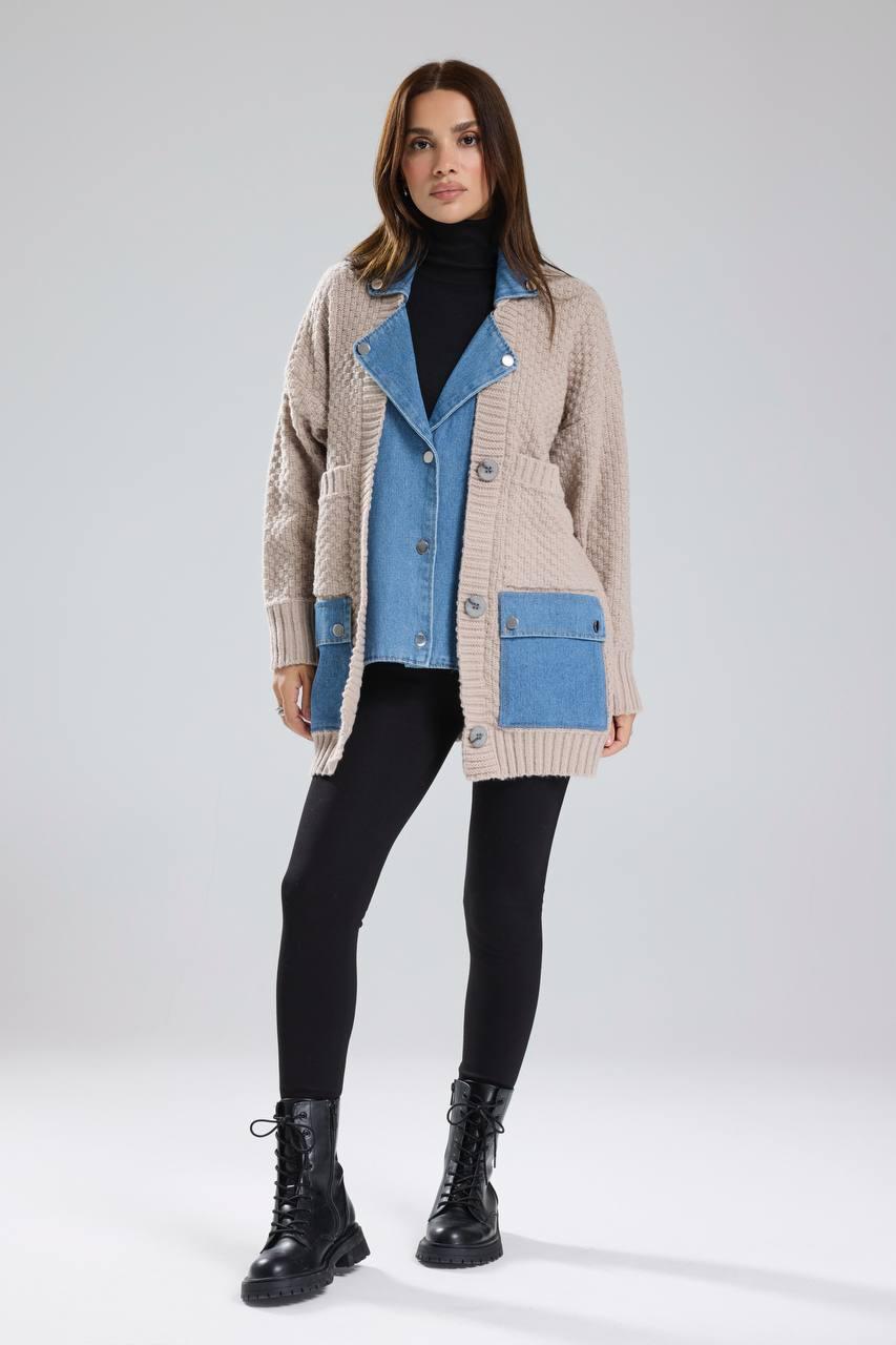 Beige in denim jacket