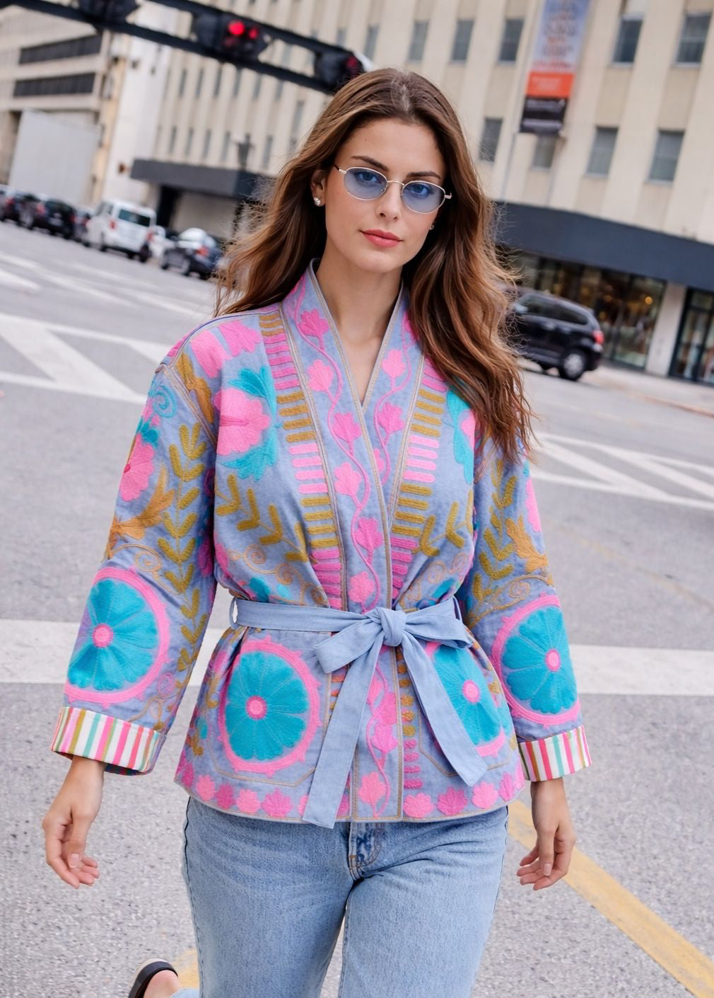 Jacket embroidery blue pink