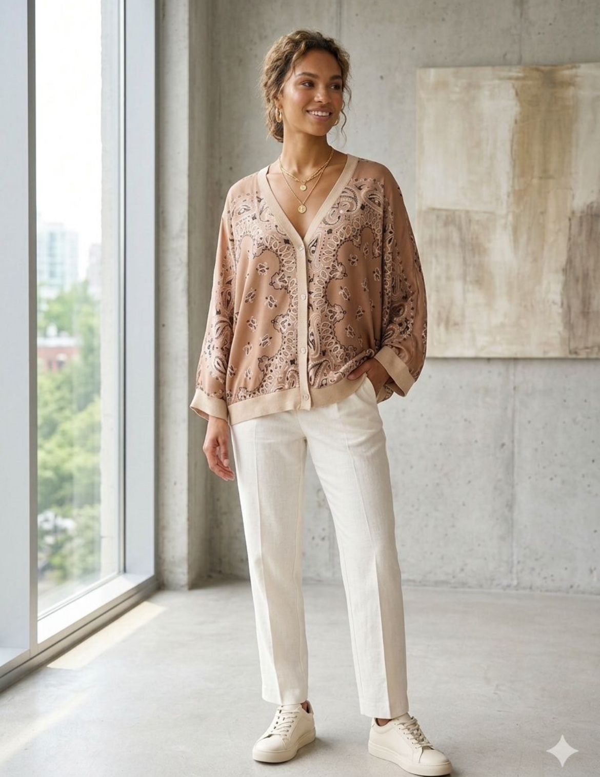 Bandana silk cardigan cafe
