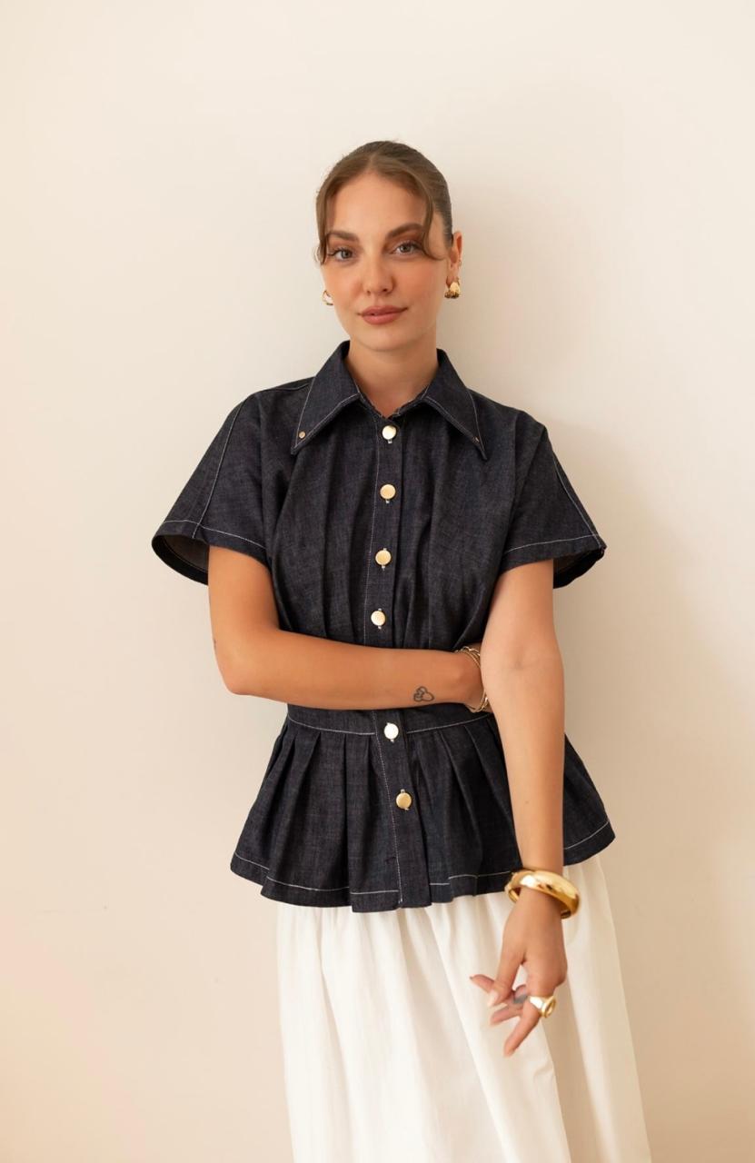 Denim shirt waist ruffles