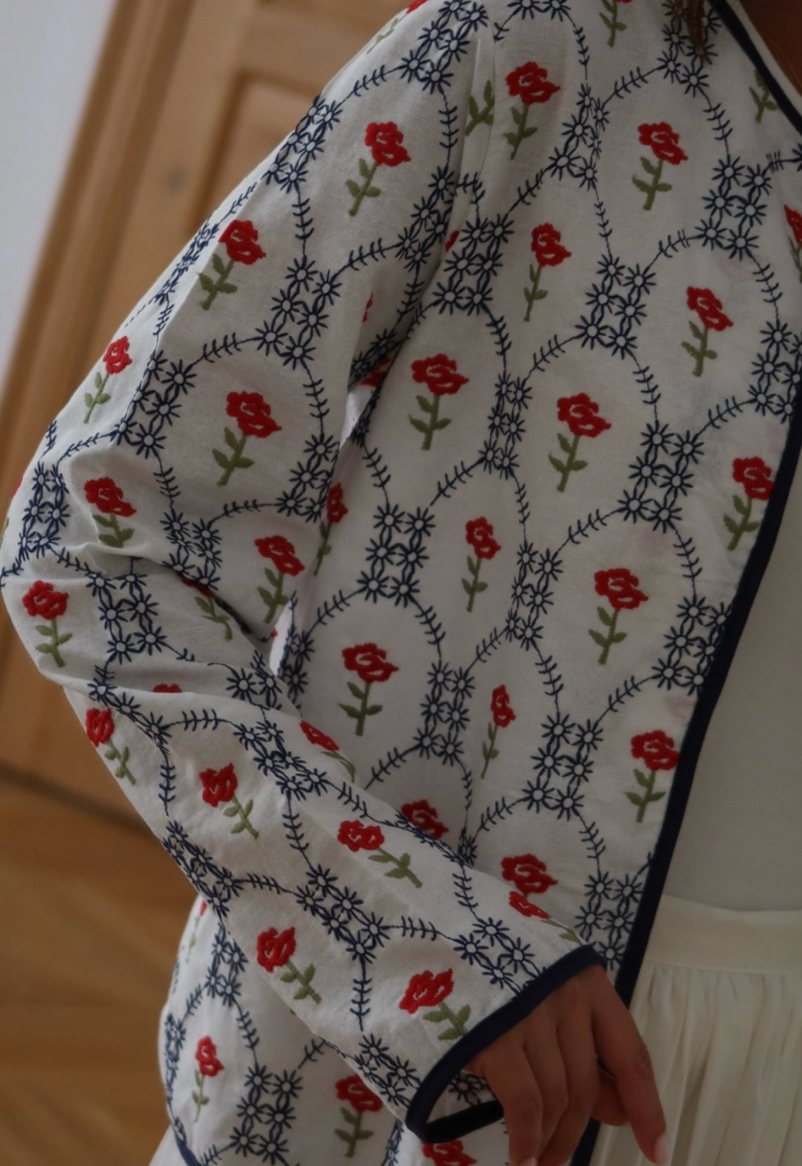 Shirt embroidery floral blue red