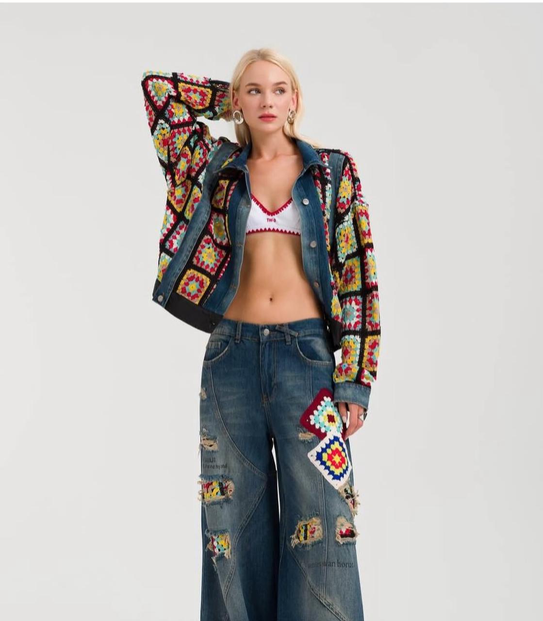 Jacket Mix Crochet Denim Multicolored Handmade