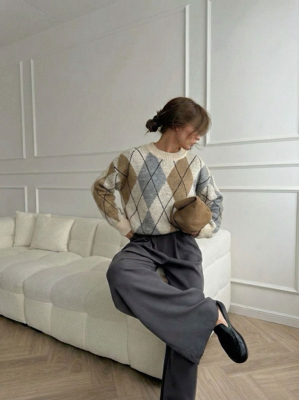 Cardigan Knit Argyle beige