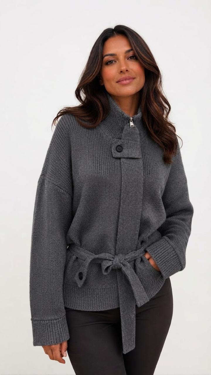 Cardigan jacket knit grey belt