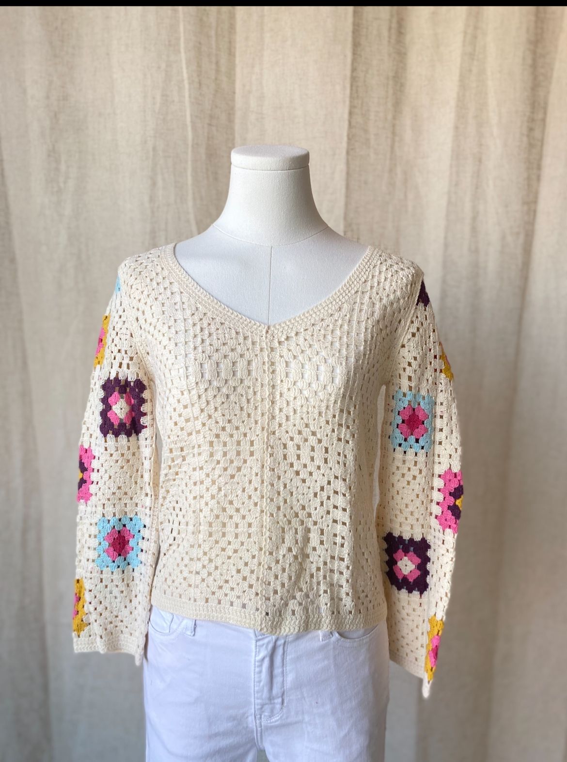 Top Handmade Crochet Rosa Long Sleeves Multicolor