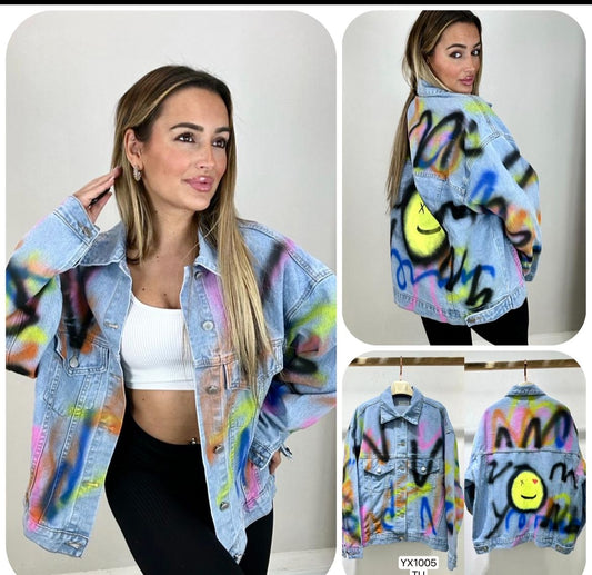 Denim Multicolored Smile Face Oversized