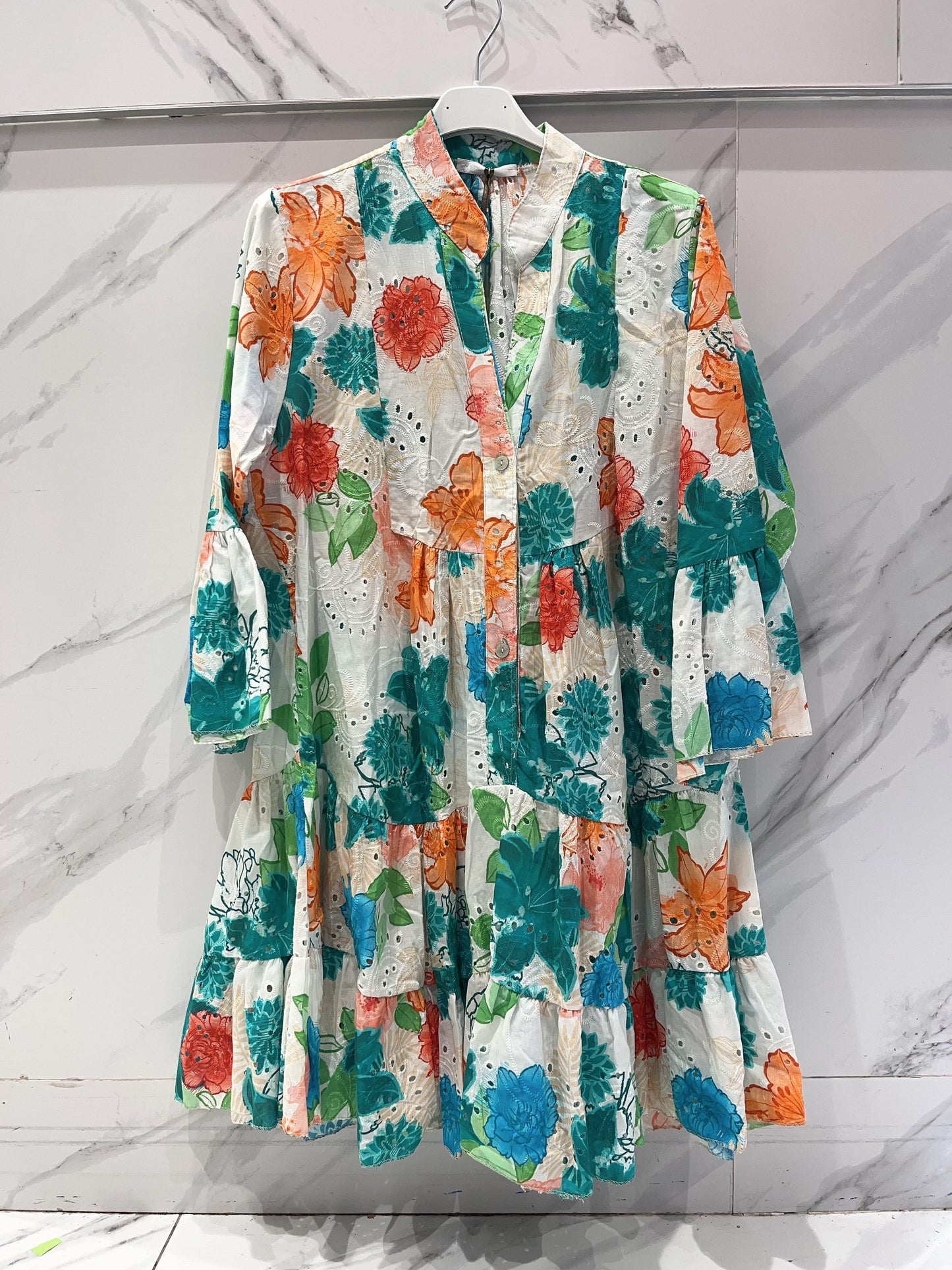 Green Short Dress Flowers Colorful