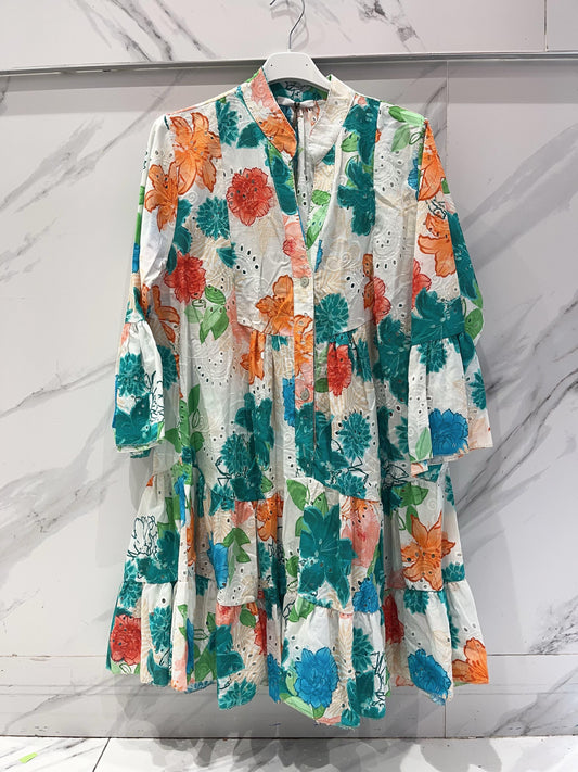 Green Short Dress Flowers Colorful