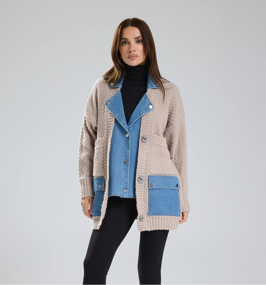 Beige in denim jacket