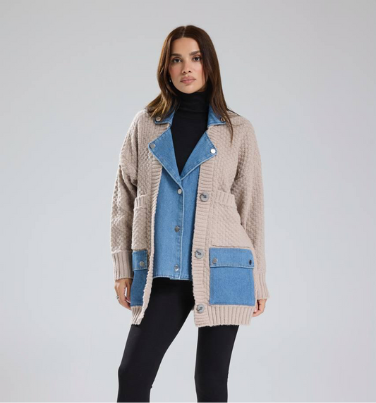 Beige in denim jacket