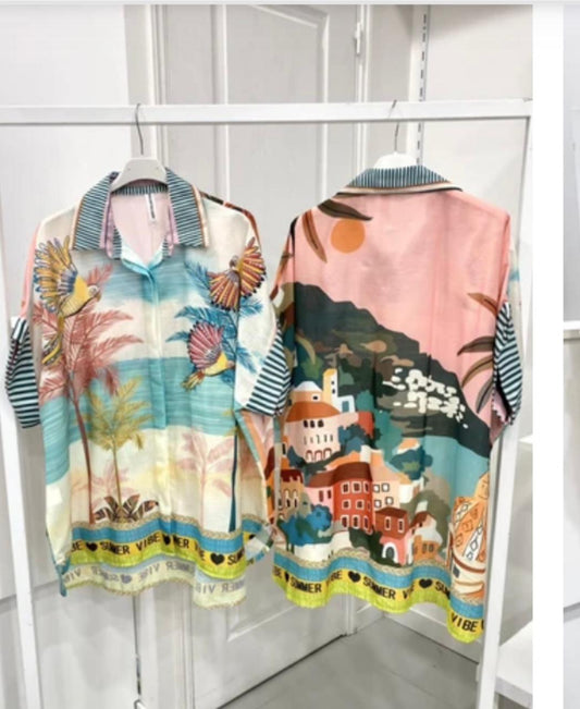 Yellow Bird Shirt Linen Pattern