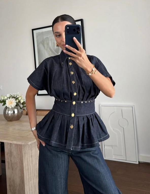 Denim shirt waist ruffles