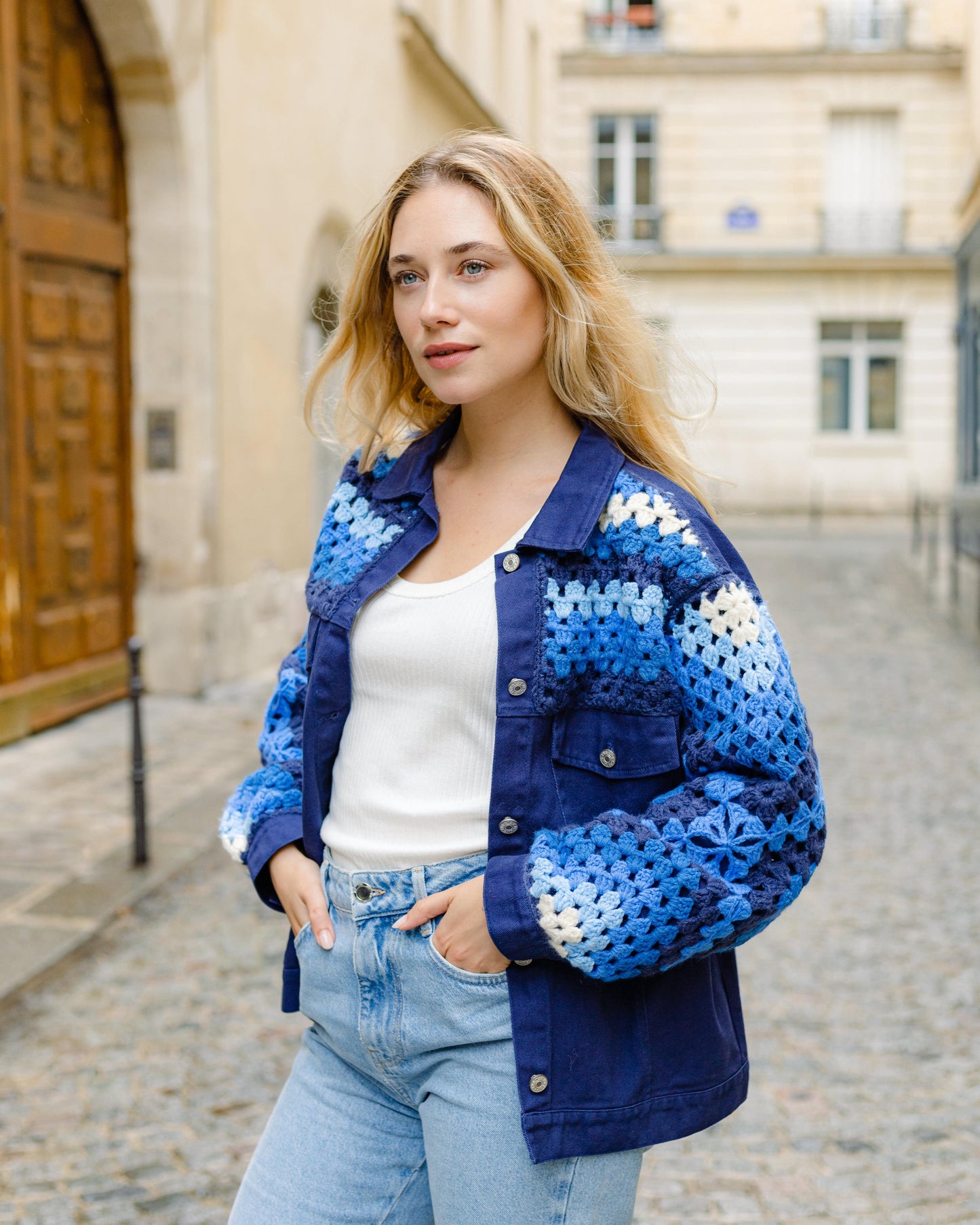 Jacket Navy Crochet Sleeves