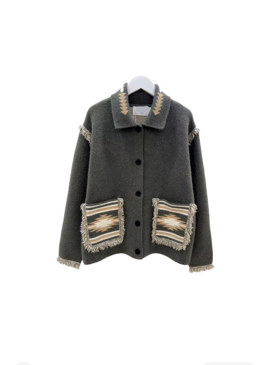 Jacket knit argyle pockets olive