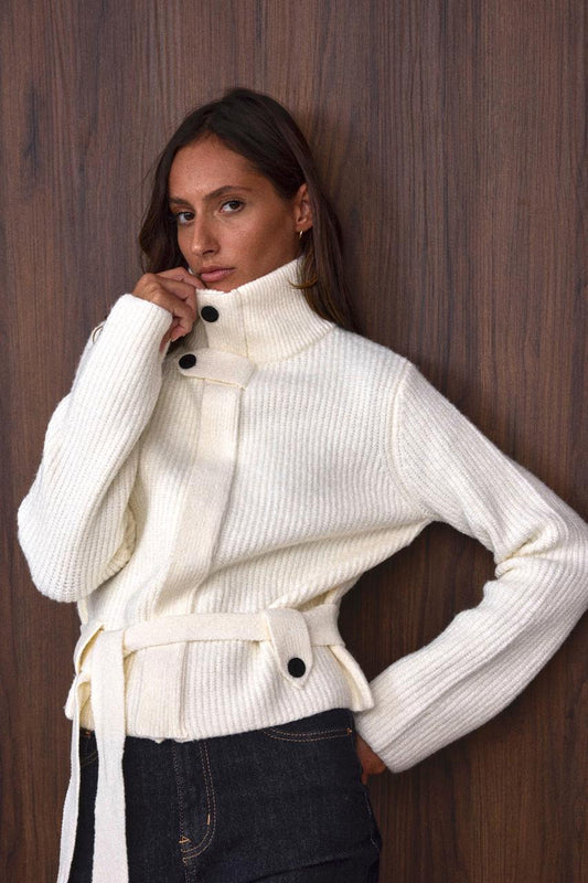 Cardigan jacket knit off white belt