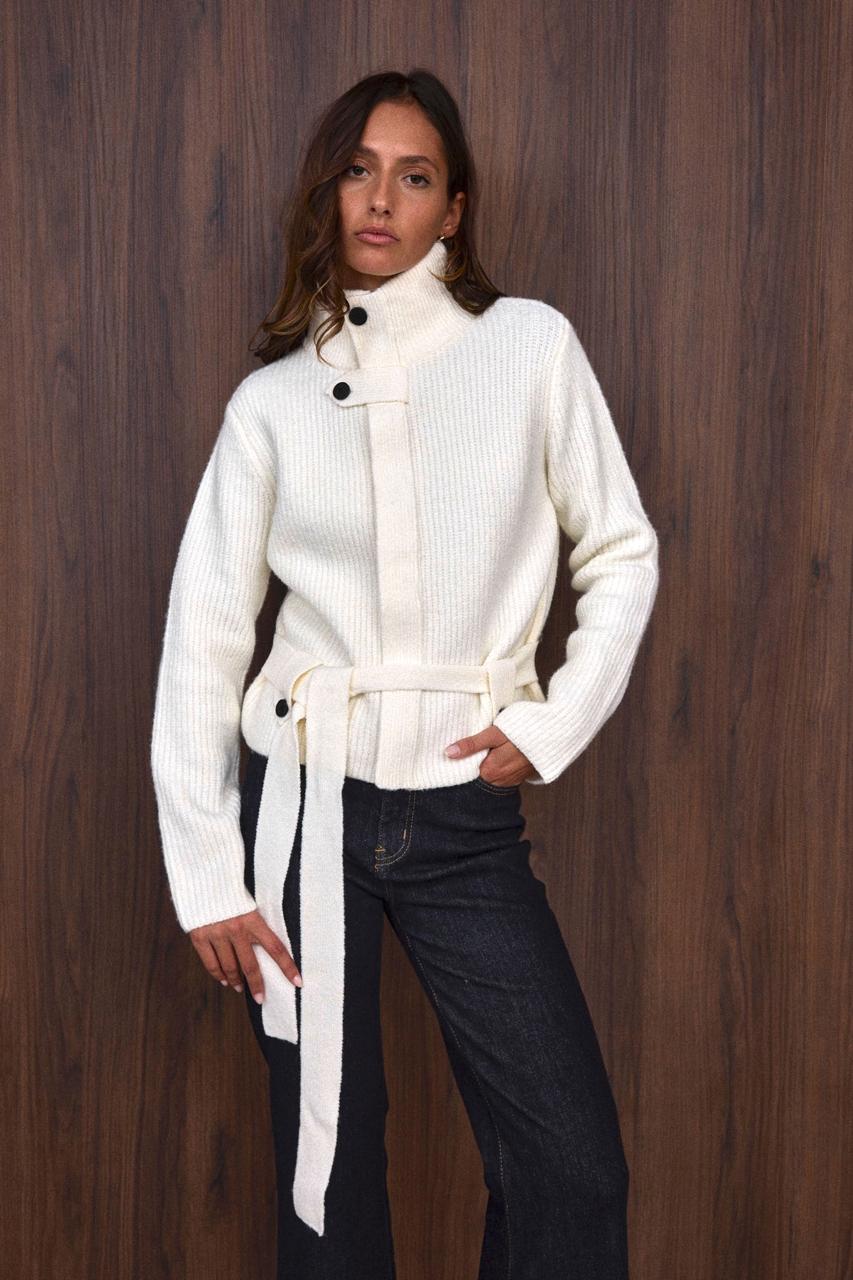 Cardigan jacket knit off white belt