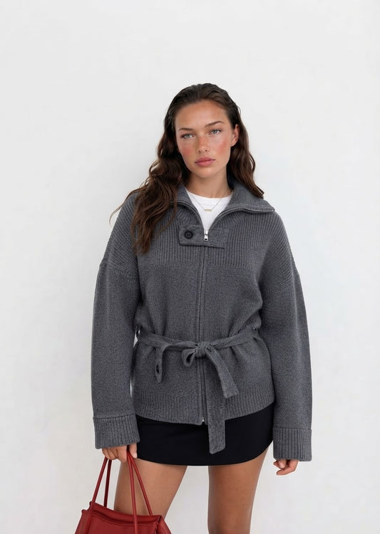 Cardigan jacket knit grey belt