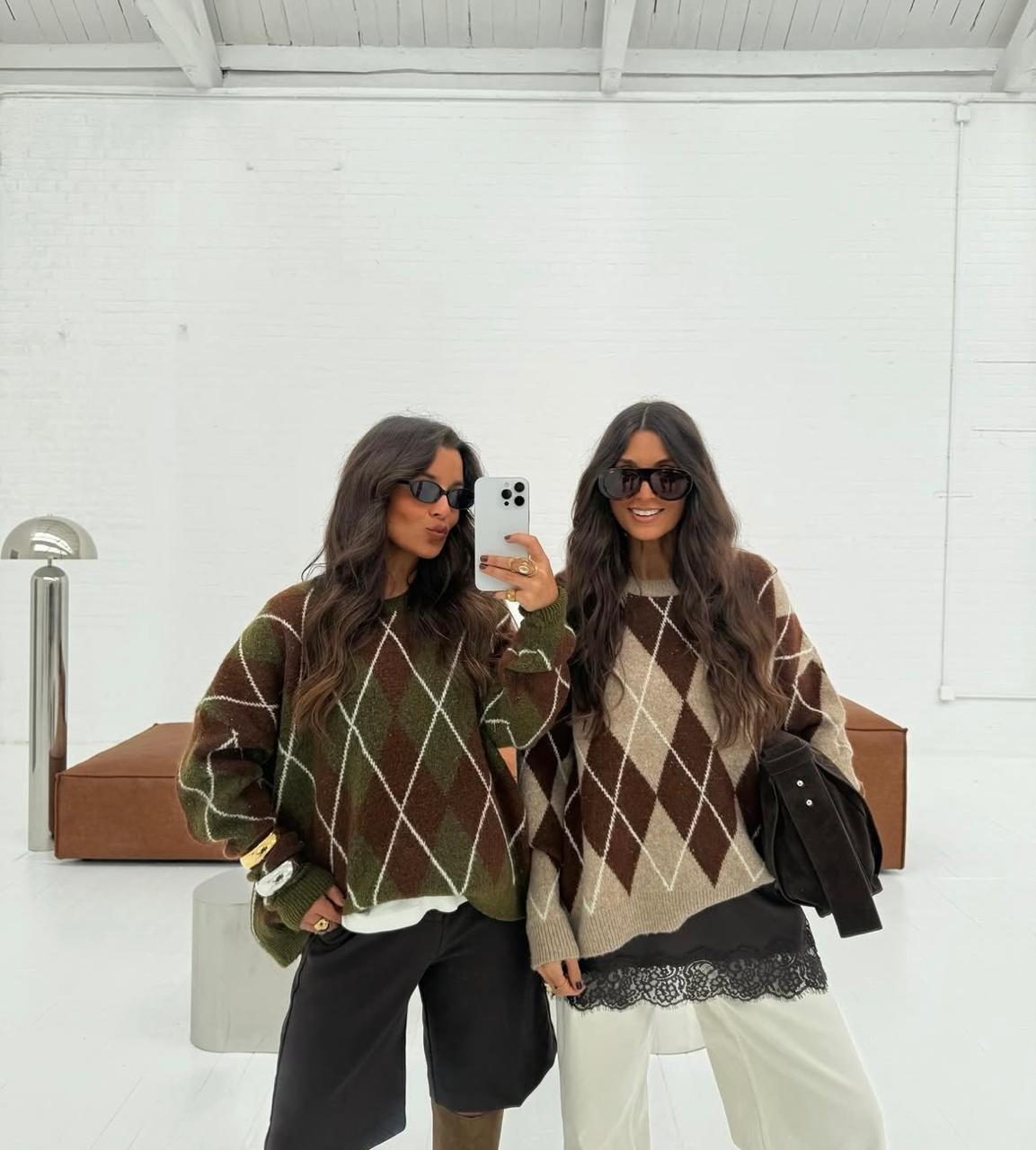 Cardigan Knit Argyle Olive