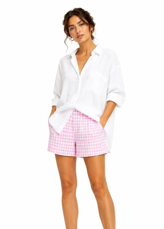 check shorts pink white