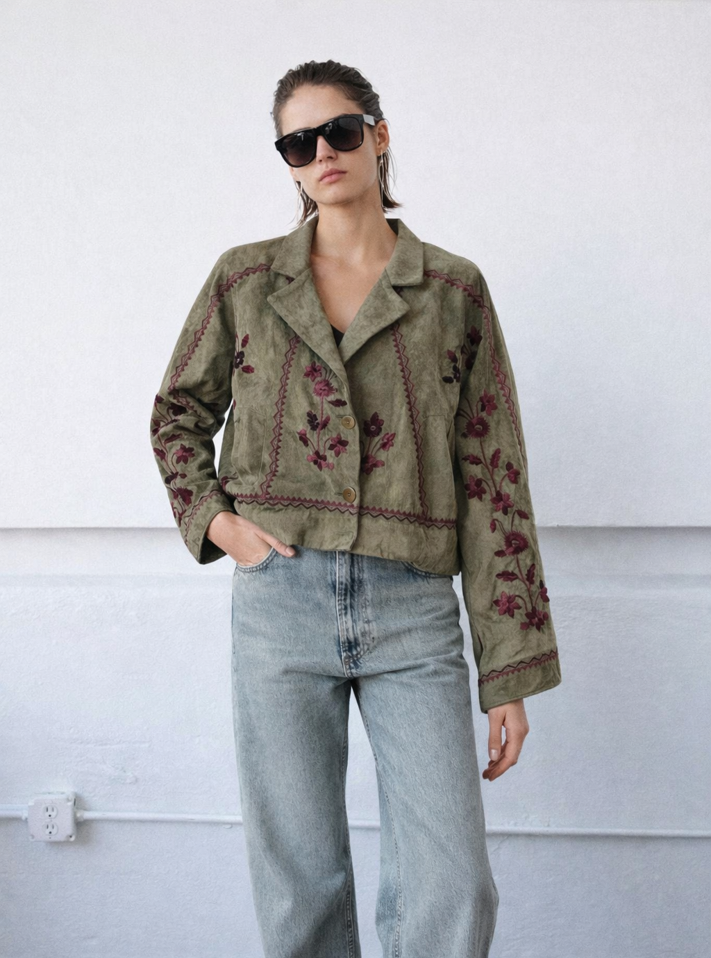 Jacket suede olive embroidery burgundy