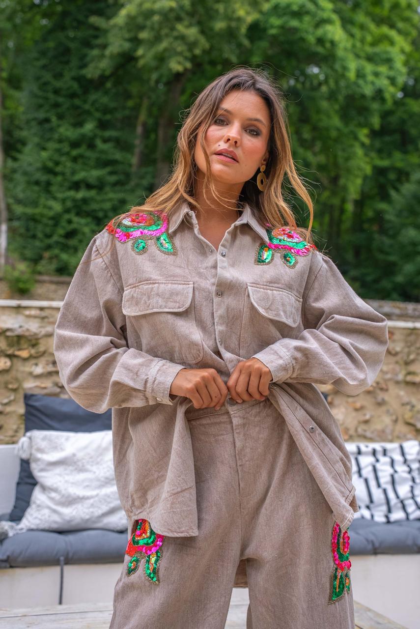 Set denim beige sequins