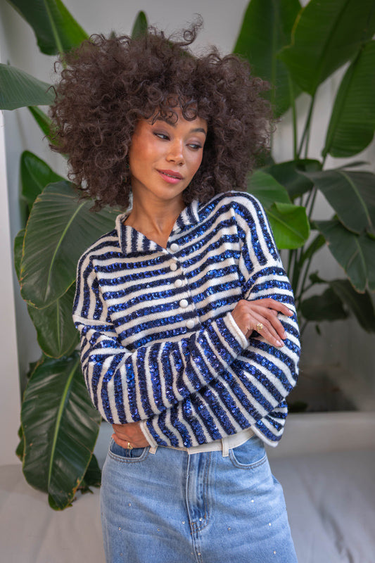 Navy sequins stripe knit