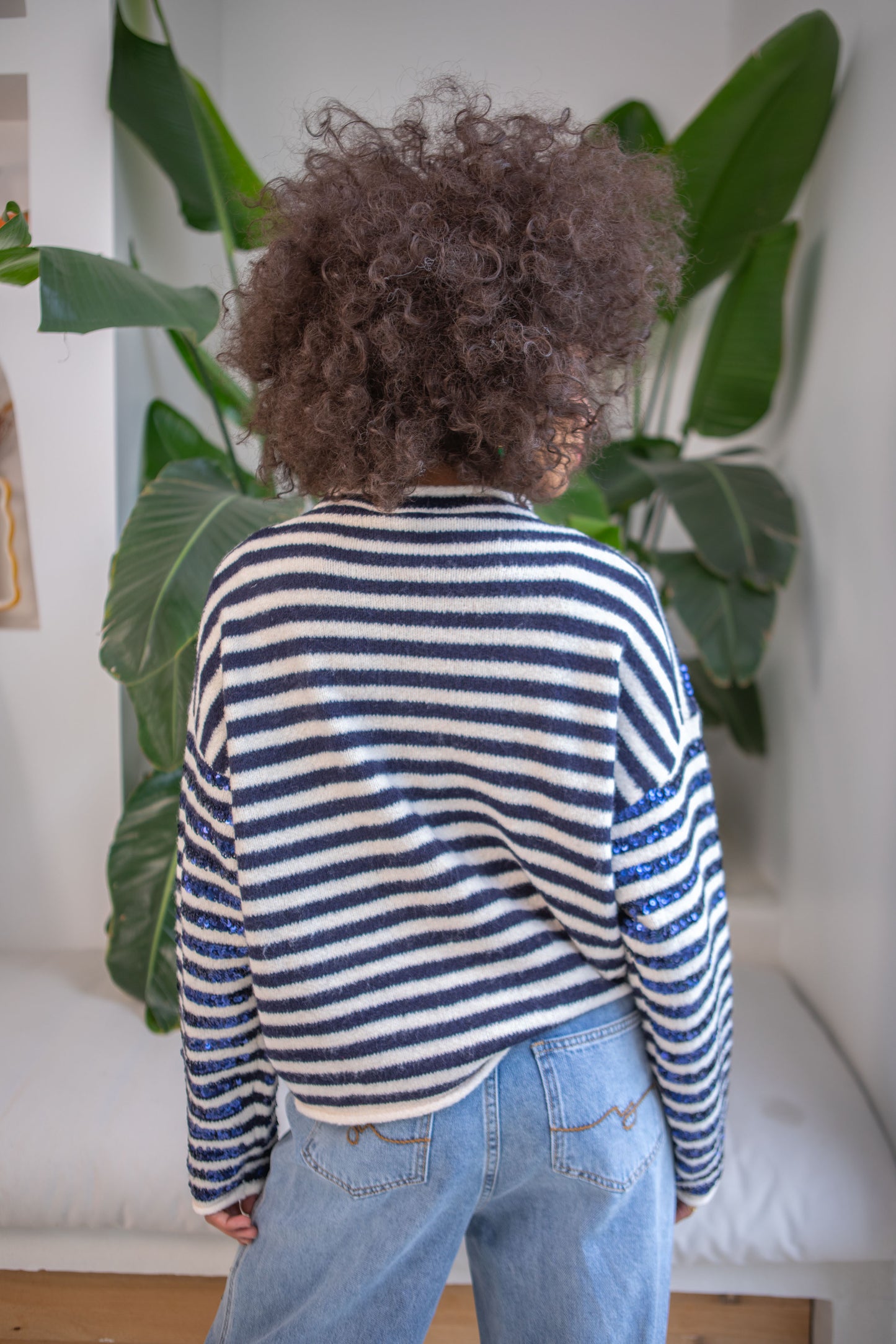 Navy sequins stripe knit