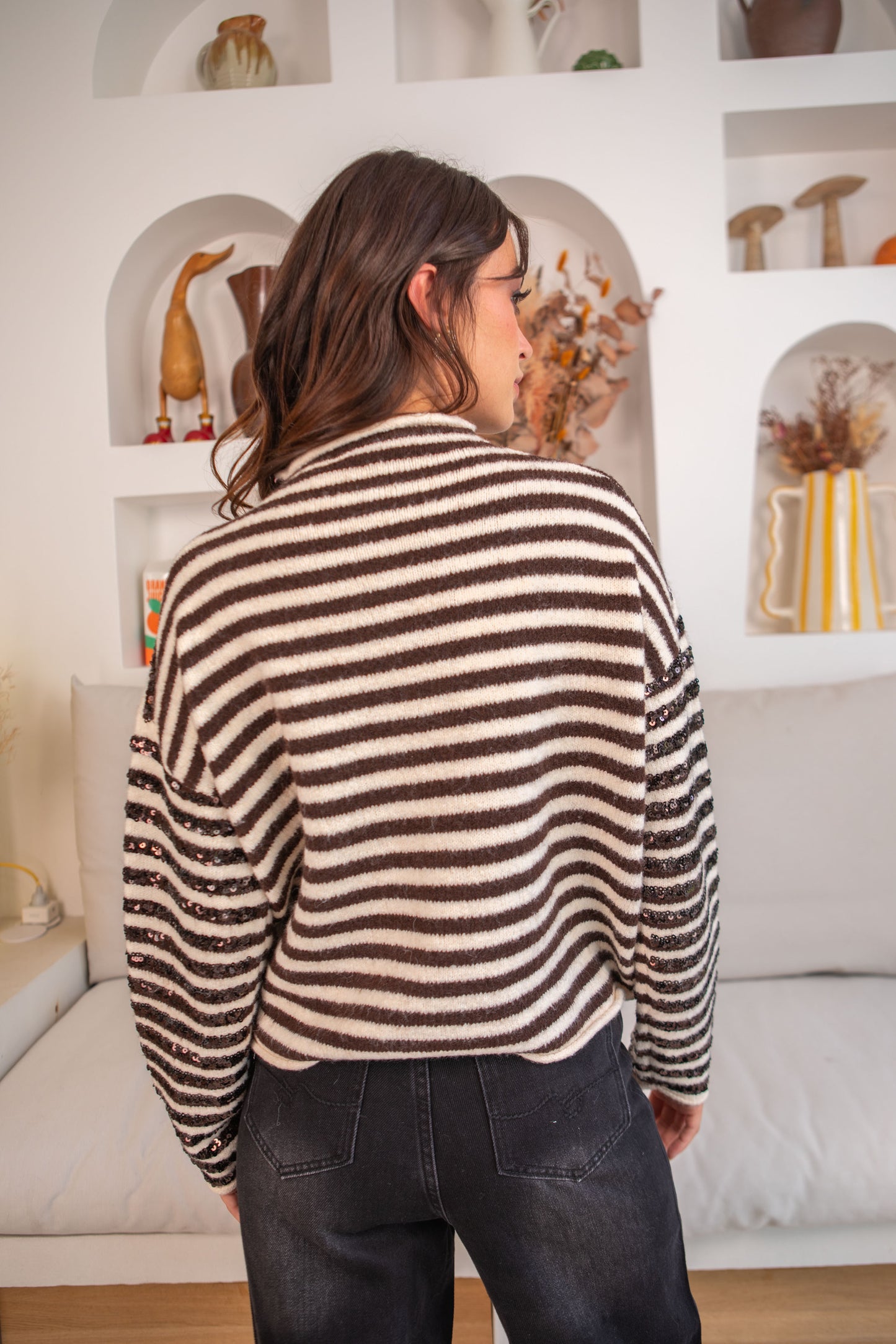 Brown sequins stripe knit