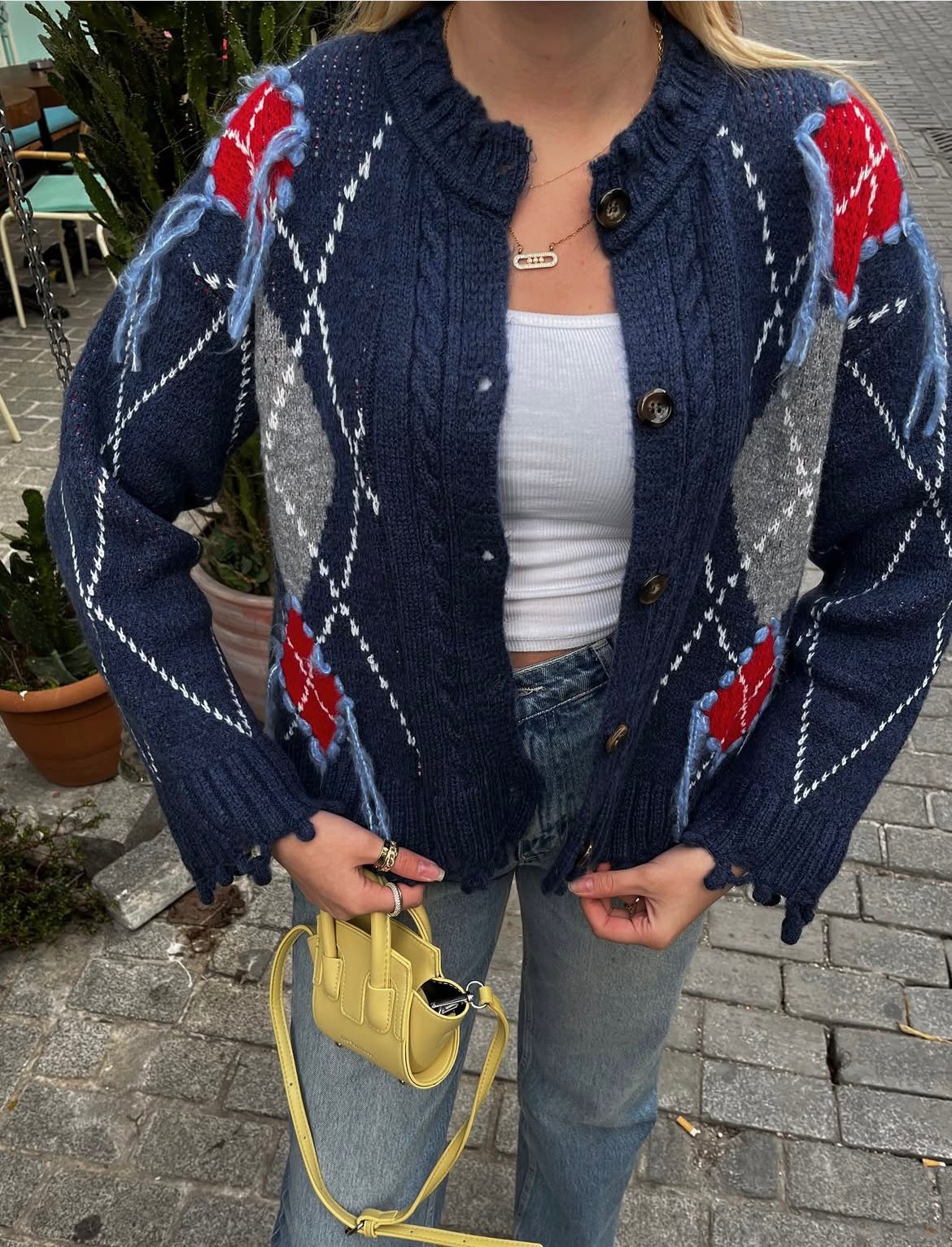 Cardigan Navy Argyle Print