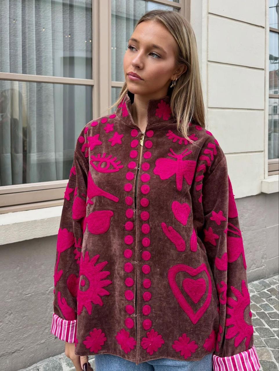 Jacket Suede Embroidery Pink x Brown