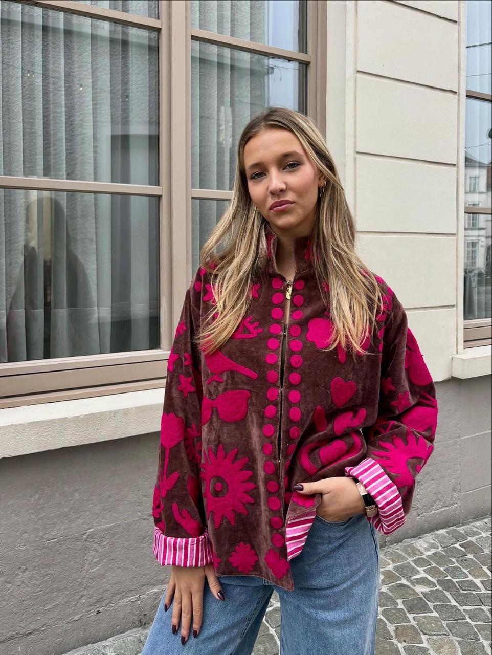 Jacket Suede Embroidery Pink x Brown