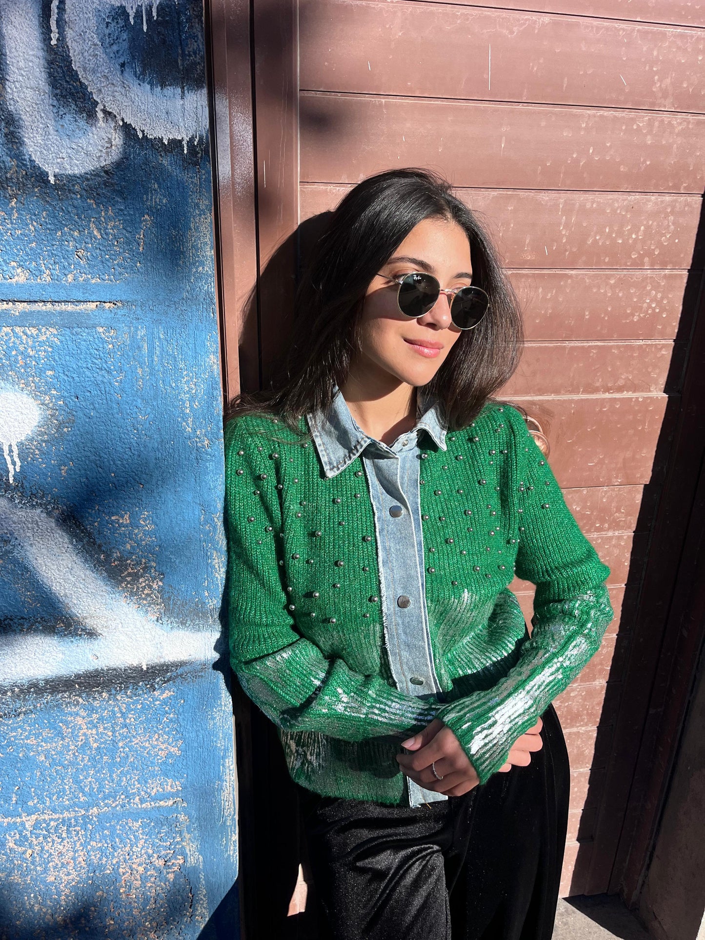 Pullover green denim mix pearl
