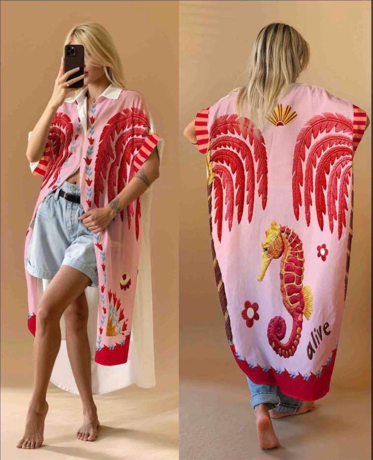 Colorful long print shirt linen * cotton pattern 6