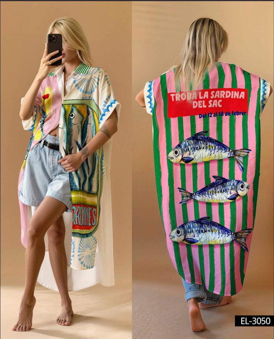 Colorful long print shirt linen * cotton pattern 4