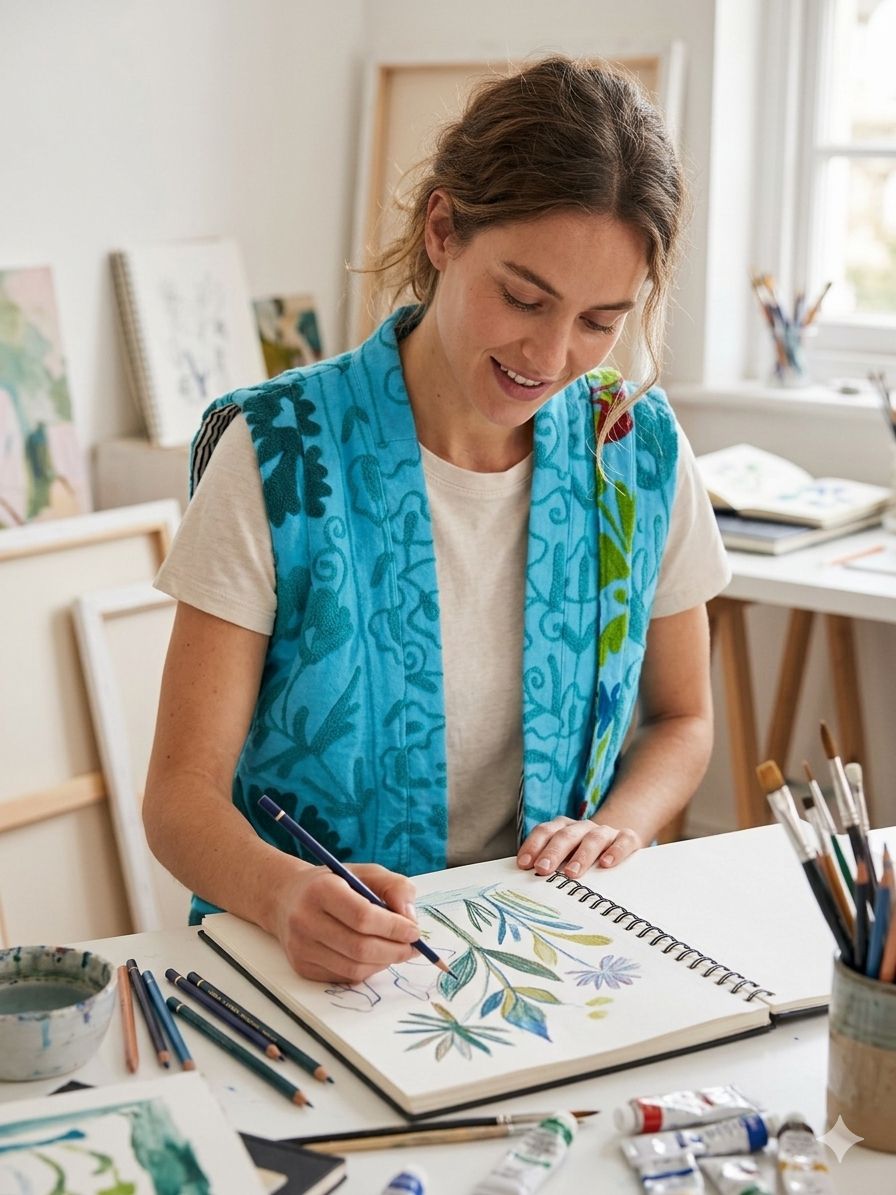 Vest handmade blue embroidery