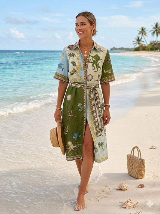 Dress green blue pattern cotton azaka
