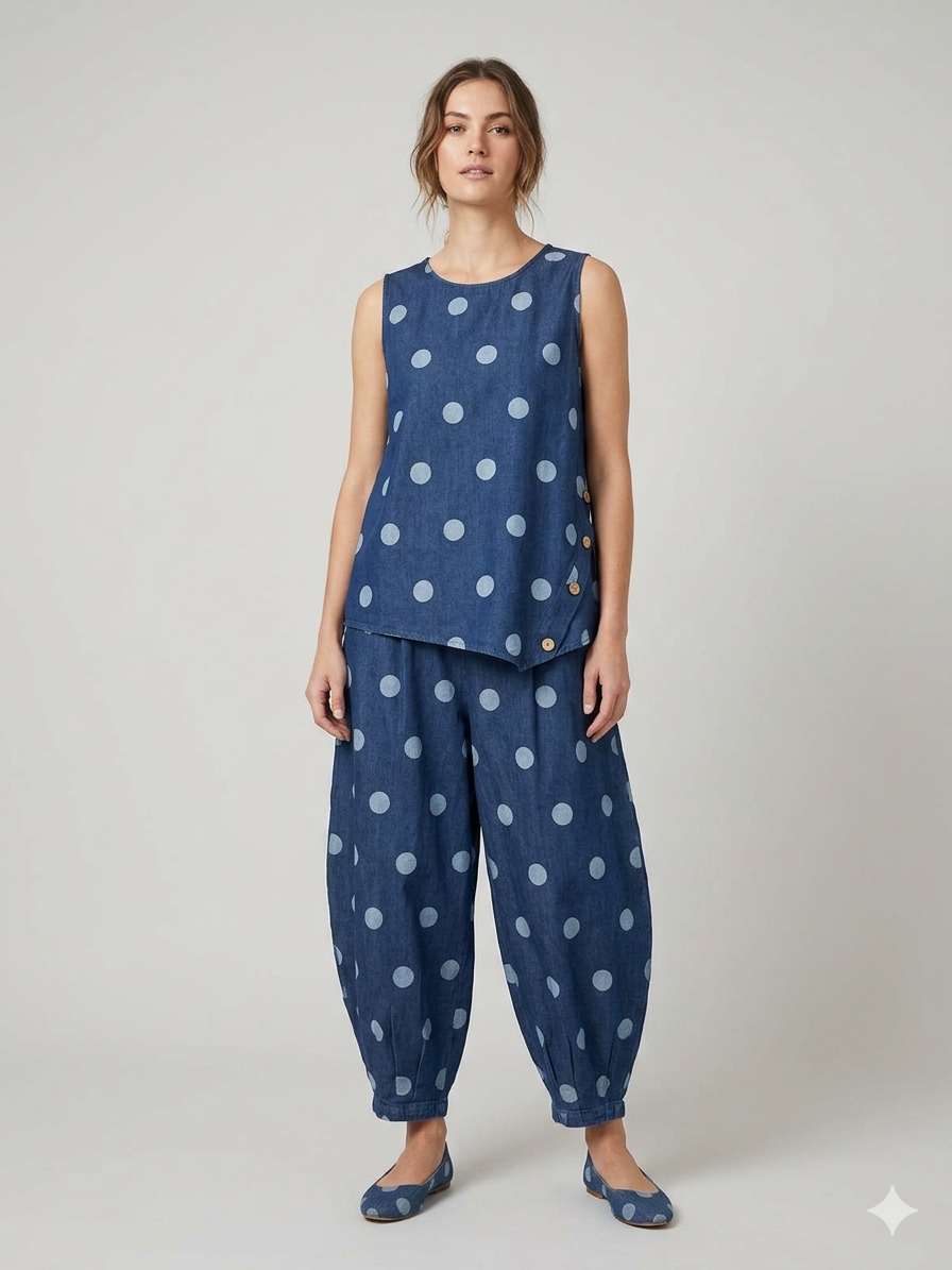 Top polka denim cotton