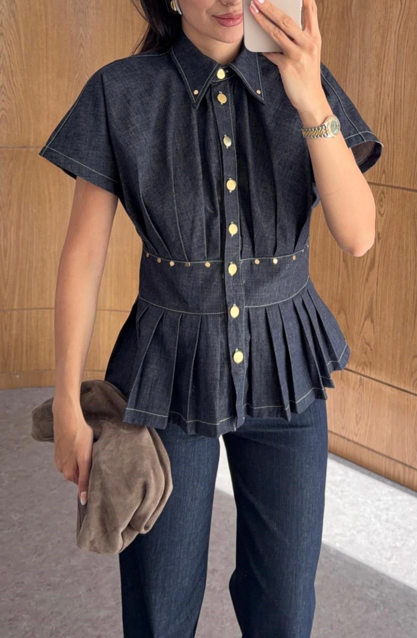 Denim shirt waist ruffles