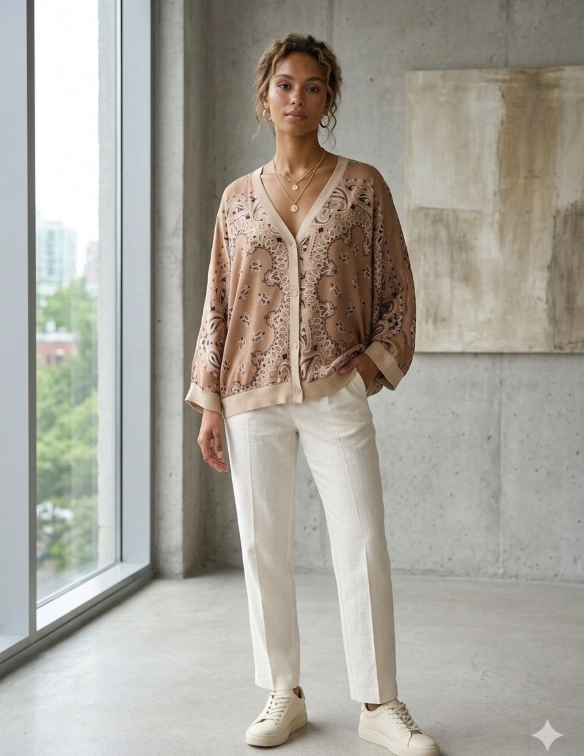 Bandana silk cardigan cafe
