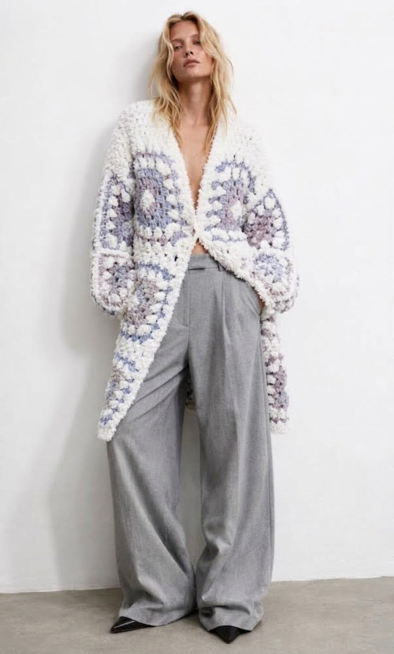 Cardigan Long Crochet Blue Blanc