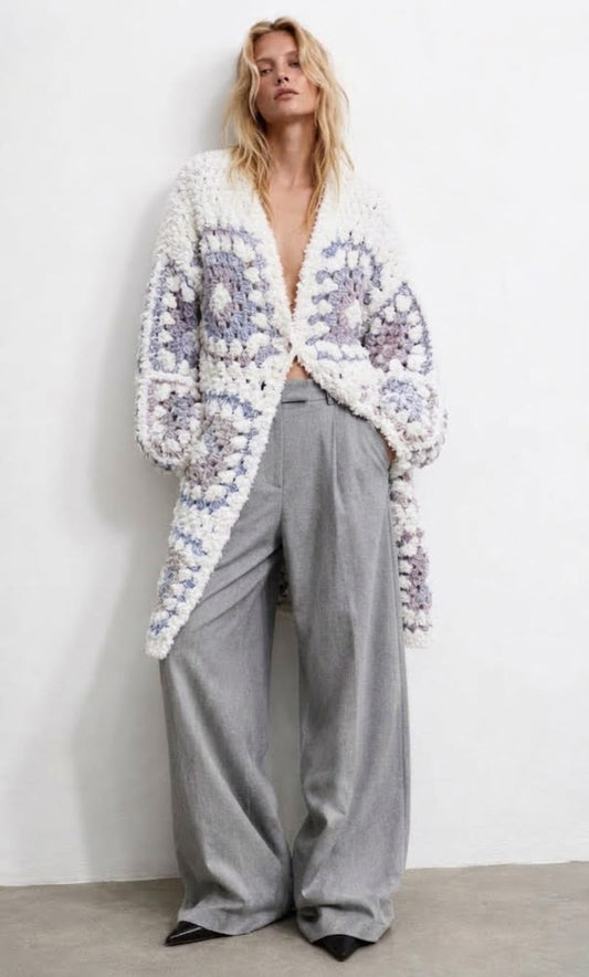 Cardigan Long Crochet Blue Blanc