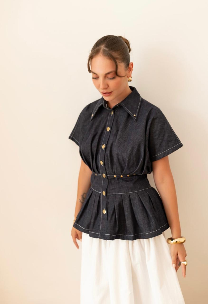 Denim shirt waist ruffles