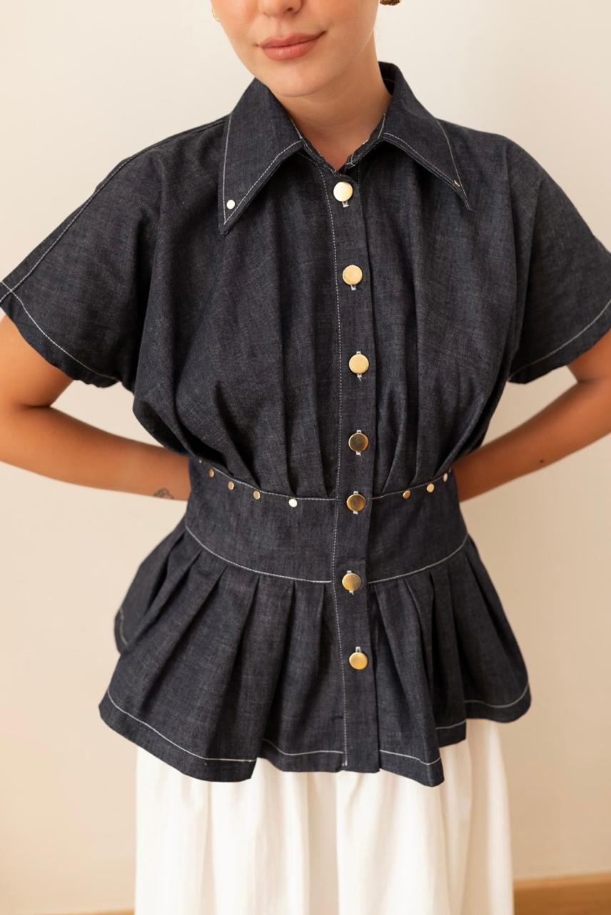 Denim shirt waist ruffles