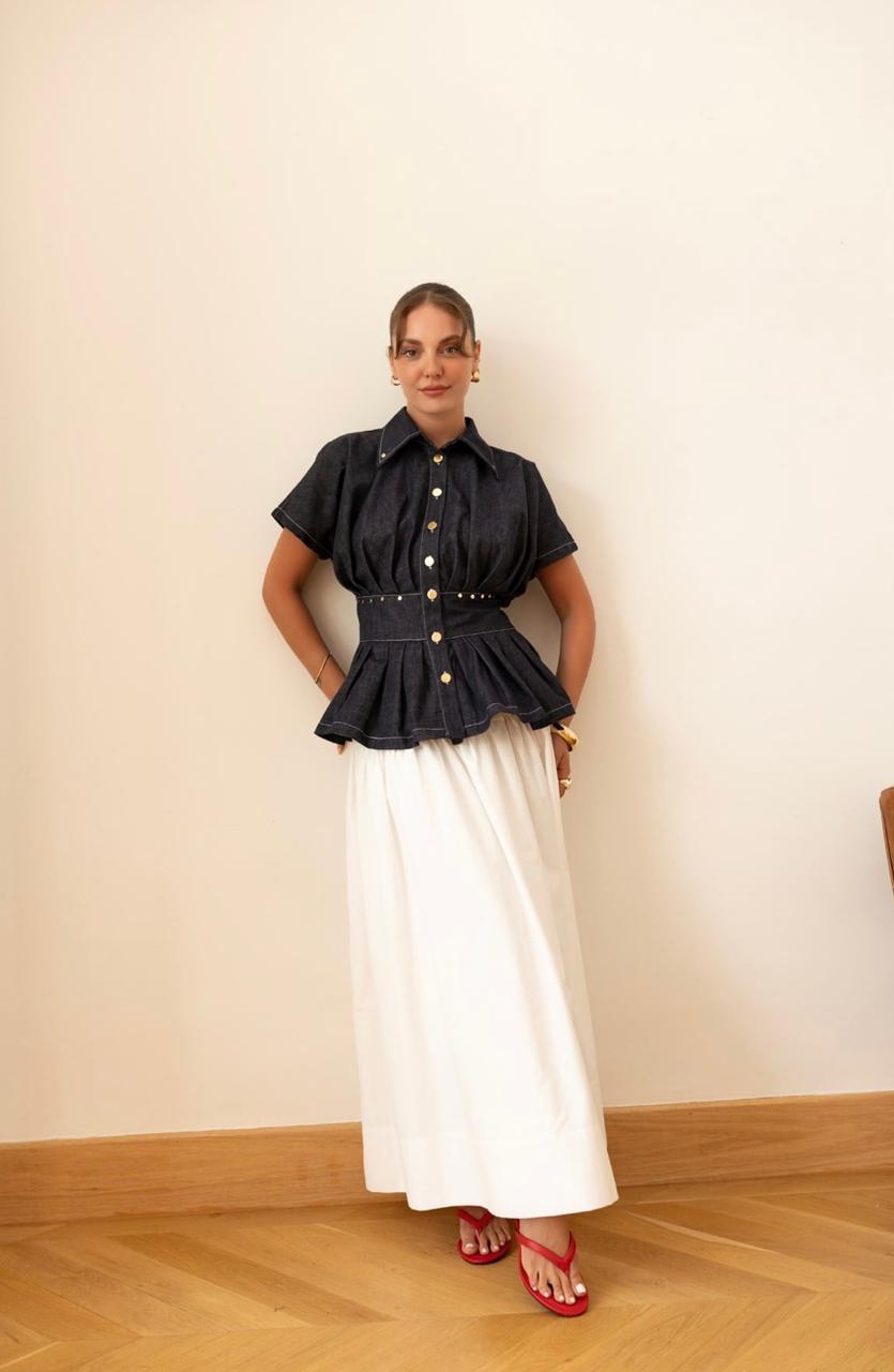 Denim shirt waist ruffles