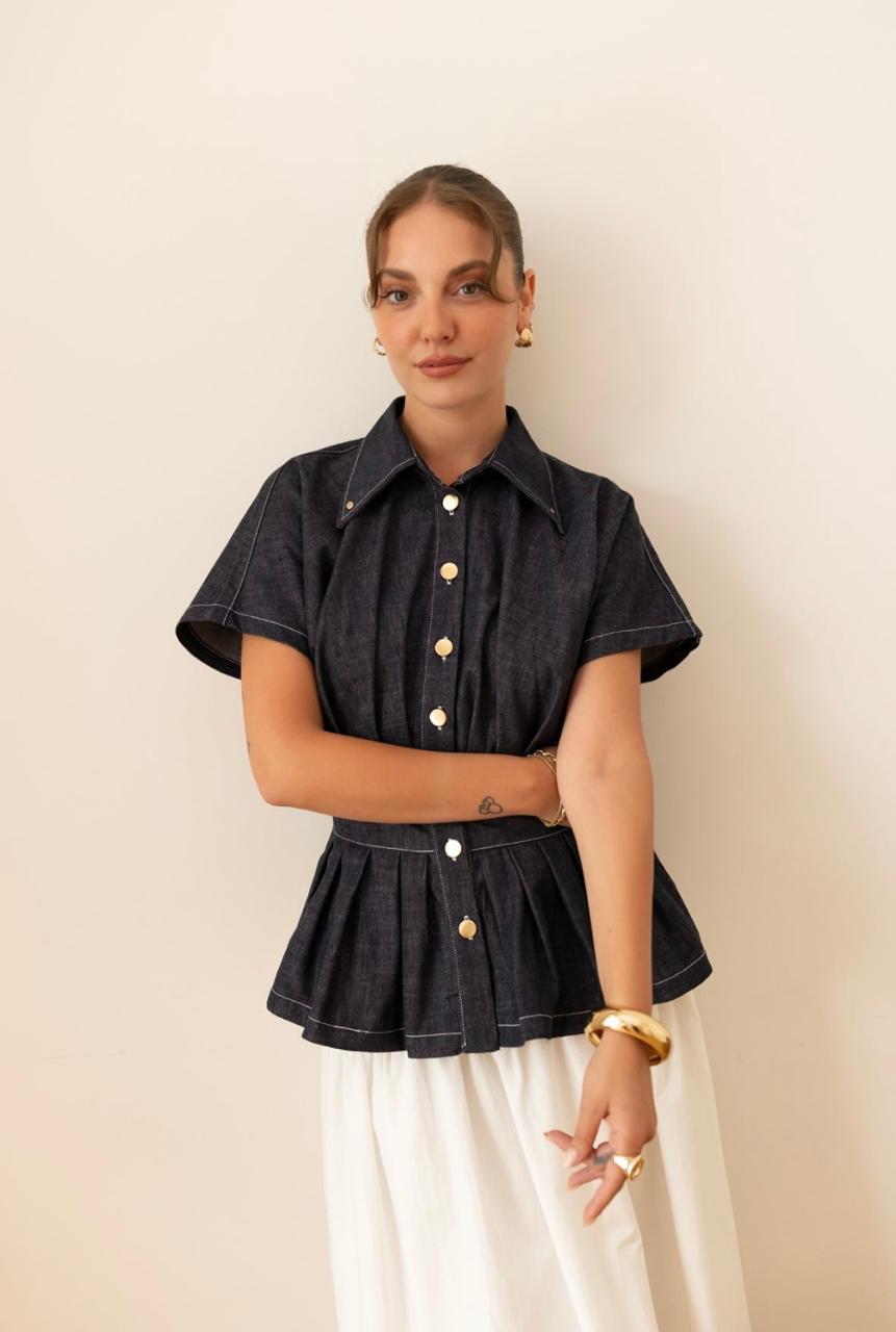 Denim shirt waist ruffles