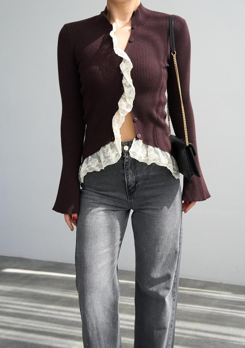 Pullover brown knit lace